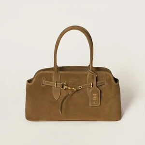 Miu Miu Aventure Suede Belted Logo Soft Nap Buckle Strap 2Way Shoulder Bag Green